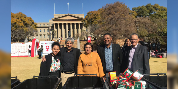 Nicole Morris,Professor Adam Habib, Karuna Singh, Jerome September, Professor Andrew Crouch at the 2019 Mandela Day Toiletry and Food Drive Challenge